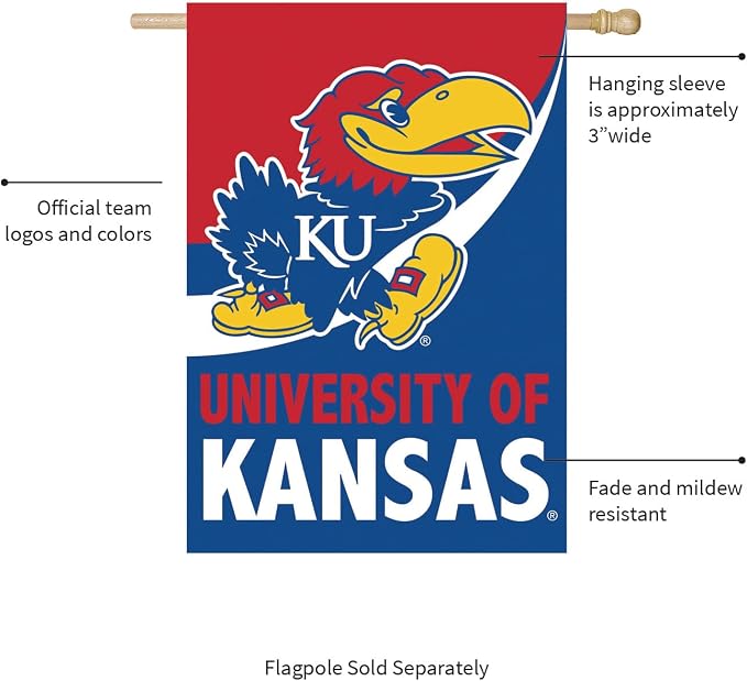 NCAA University of Kansas House Flag, 28 x 44, Double Sided Garden Flags for Outside, Outdoor College Flags & Banners for Gardens Patio, Indoor Wall Decor Flag for Room
