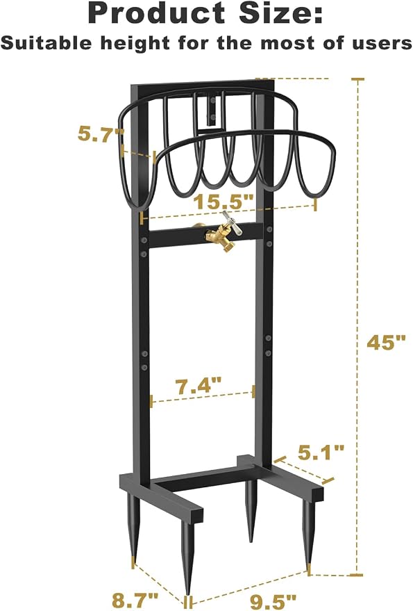 Artigarden Outdoor Garden Hose Holder Freestanding with Brass Faucet And 4 Spikes, Heavy Duty Metal Water Hose Reel Stand Hanger Rack Organizer Holds Storage 150ft Hose for Outside Yard Lawn, Black
