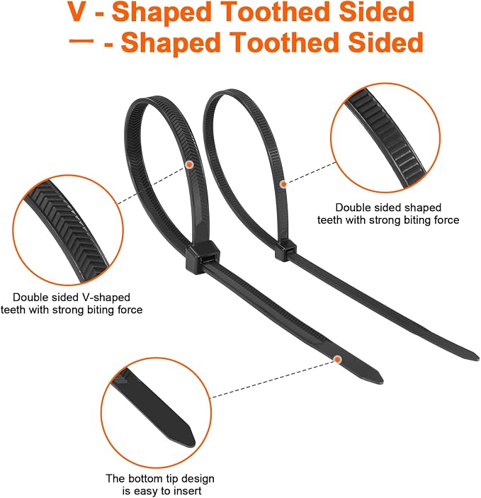 12"─-shaped & V-shaped double-sided tooth zip ties black. ─: 100lbs, V: 200lbs tensile strength. Heavy-duty, self-locking, adjustable, durable nylon ties for indoor/outdoor use. (40V+60─)