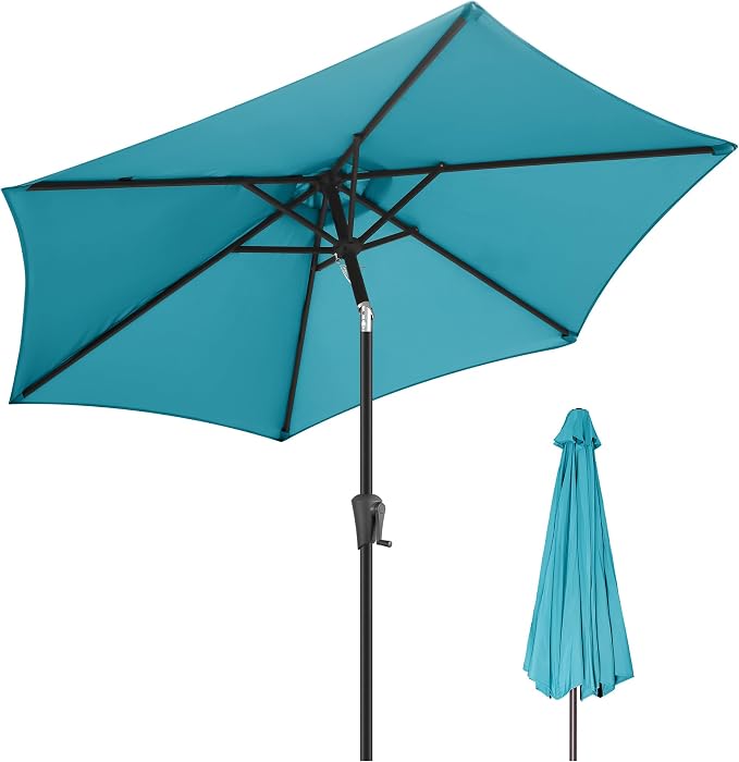 FLAME&SHADE 9ft Patio Umbrella Outdoor - Table Umbrella with Push Button Tilt and Crank, UV Protection, 6 Sturdy Ribs, Market Umbrella for Garden, Deck, Backyard, Lawn, Pool and Beach(Aqua Blue)