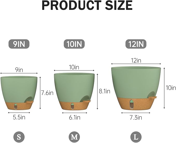 12/10/9 Inch Self Watering Pots for Indoor Outdoor Plants, Set of 3 Large Plastic Planters with Visual Water Window, Drainage Holes & Watering Lip, Modern Decorative Flower Pots (Green)