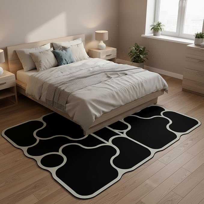 Minimalist Abstract Splicing Pattern Geometric Black Green Asymmetrical Rug 9x12 Faux Wool Thin Non Slip Durable Easy Care Home Deco Irregular Rugs for Living Room Bedroom Dining Room Nursery