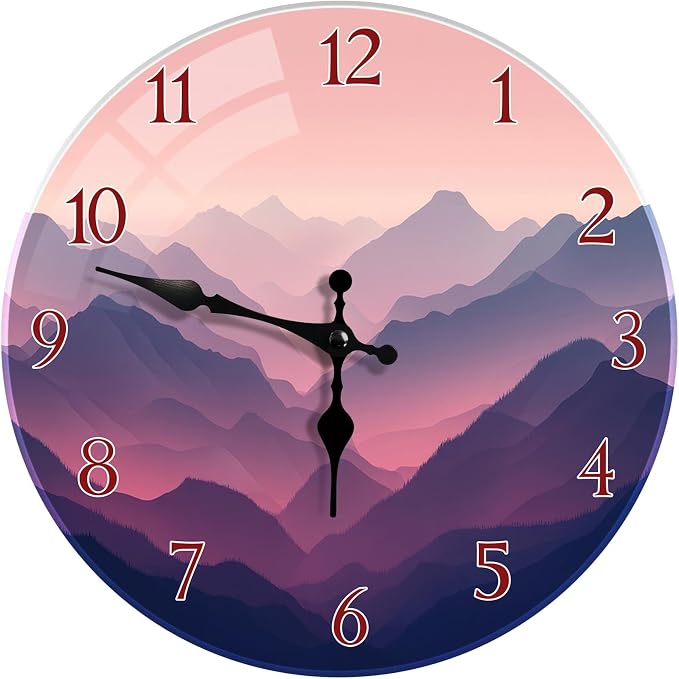 Britimes Round Wall Clock Silent Non-Ticking Battery Operated Outdoor Waterproof Glass Clock 12 Inch, Mountain Home Decor for Living Room, Kitchen, Bathroom, Bedroom, and Office