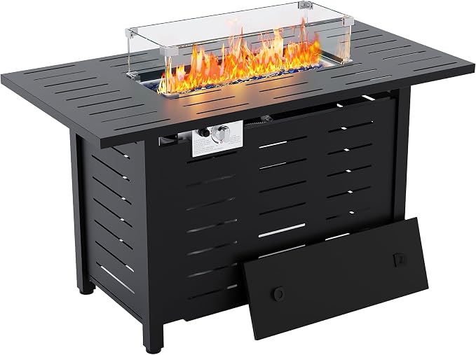 Hipicute 44" Outdoor Propane Fire Pit Table, 48,000 Btu Lp Gas Rectangular Fire Table with Ignition Systems and Lid,Outdoor Firetable with Glass Rocks for Patio Deck Garden Backyard