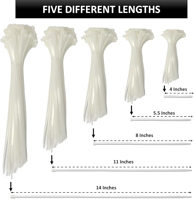 Kable Kontrol Zip Ties Assorted Sizes 500 Pcs Variety Pack Kit, 4+5.5+8+11+14 Inch Bulk Zipties Multi Pack Cable Tie Wraps, Nylon Wire Ties, for Indoor Outdoor Cable Management Use, Natural White