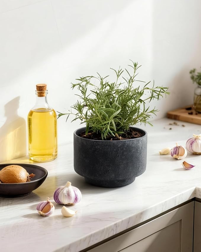 Succulent Pots, 8 Inch + 6 Inch Plant Pots for Plants with Drainage Hole, Indoor Outdoor Ceramic Planter, Set of 2 Round Flower Pots for Succulent and Plants, Black
