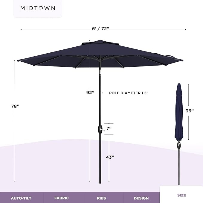 Midtown Umbrellas - 10-Year-No-Fade 6 Ft Patio Umbrella with Terylast Fabric, Auto-Tilt Aluminum Frame and 8 Reinforced Ribs for Deck, Pool, Garden & Beach - Navy Blue Canopy, Black Pole