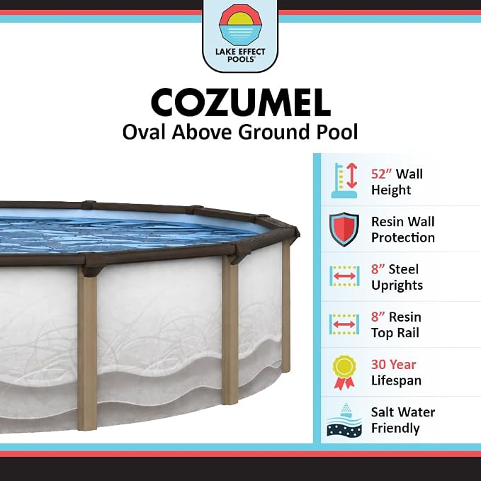 Lake Effect Pools 'Cozumel' 18 ft x 33 ft Oval Above Ground Swimming Pool | 52 Inch Resin Protected Steel Sided Walls | Bundle Includes: 25 Gauge Overlap Liner & Widemouth Skimmer