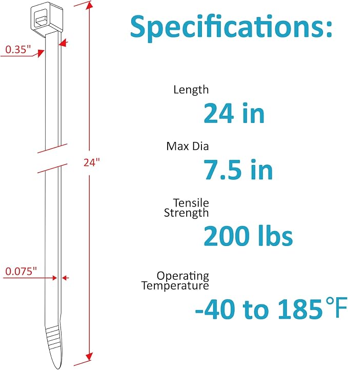 Long Zip Ties Heavy Duty 24 inch, Large Zip Ties with 200 lbs Tensile Strength, Big Cable Ties, Black, 50 Pack, by GAIIAN