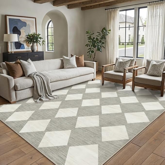 Grey 5x7 Washable Area Rug Living Room Non Slip Checkered Carpet | Soft, Low Pile, Easy Clean, Diamond Pattern for Bedroom, Office, Nursery, Dining Room, Kids Room, Modern Indoor Decor
