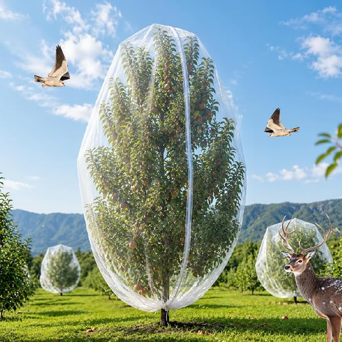 1Pack 10×13.7Ft Extra Large Fruit Tree Netting with Drawstring & Zipper - Reusable Plant Protection Bag, Heavy Duty PE Mesh Cover for Blueberry Bushes - Blocks Birds/Deer/Squirrels