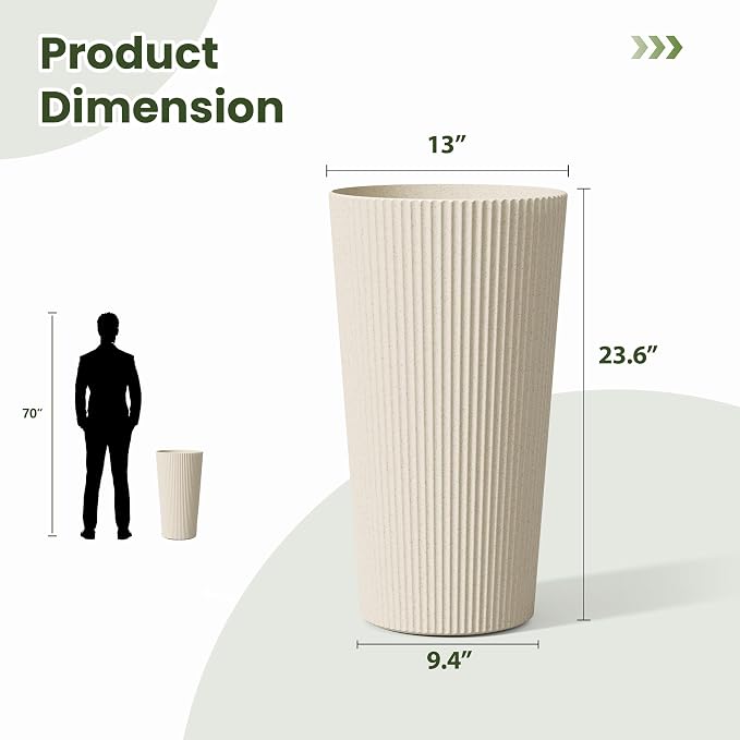 23.6" H Tall Planters for Outdoor Plants Set of 2 - Fluted Large Outdoor Planters for Front Porch Decor with Drainage Hole, Plastic Round Flower Pots Fits Indoor Plants Patio/Garden, Beige