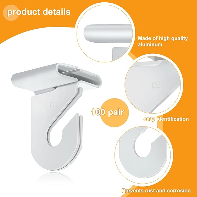 Vicenpal 200 Pair Drop Ceiling Hooks Bulk for Classrooms Hanging, Metal Suspended Track Tile Hooks Aluminum White Heavy Duty T Bar Clips, Hold up to 20 Lbs for School Offices Plants Decorations