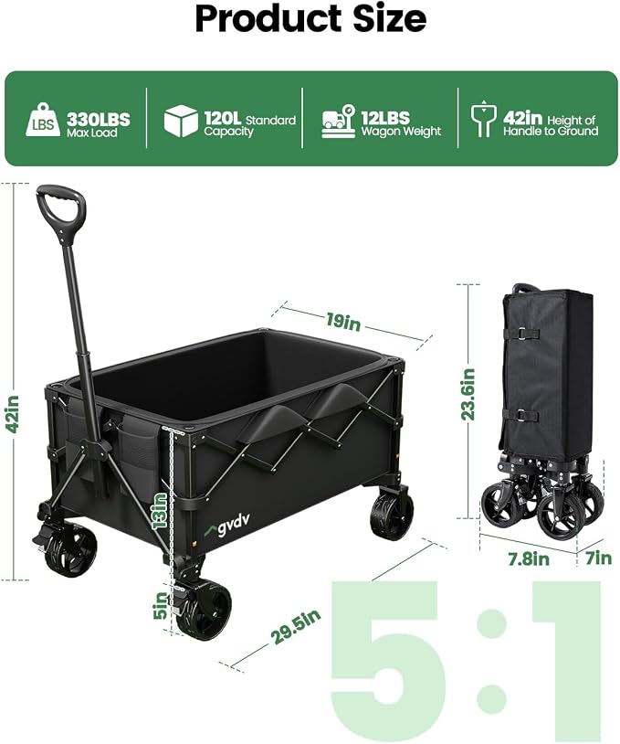 GVDV CW35 Wagons Carts Foldable, 42-Inch Extended Handle Collapsible Utility Wagon, 330LBS Heavy-Duty Shopping Cart for Groceries, Sports, Camping, Garden, Solid Black