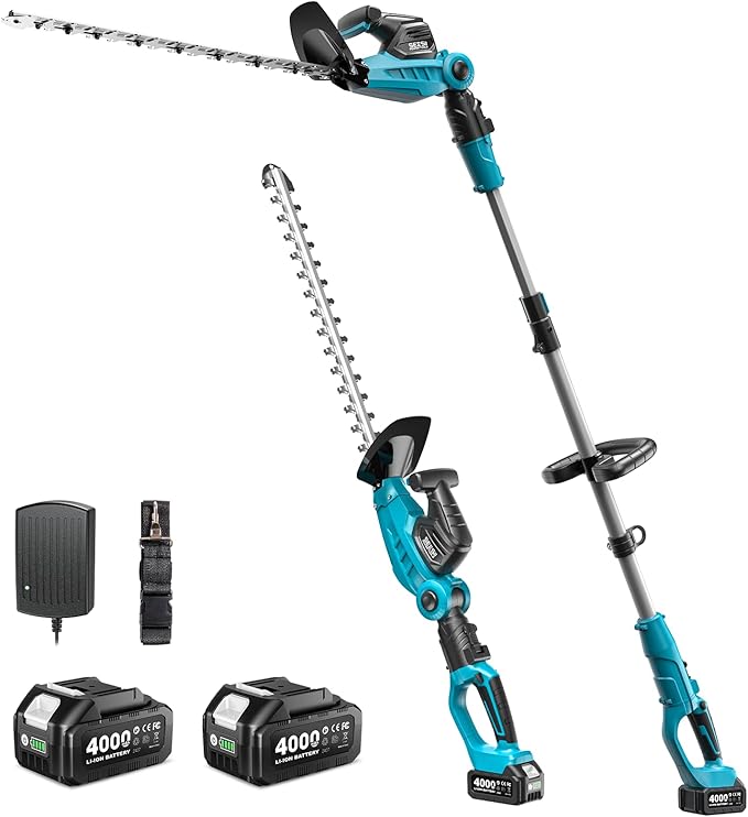 SEESII Pole & Cordless Hedge Trimmer 2-in-1: Electric Bush Trimmer with 20" Dual-Action Blade - 2 x 4000mAh Batteries, Telescopic Pole, Adjustable Rotating Head, Handheld Hedge Cutter for Tree Shrubs