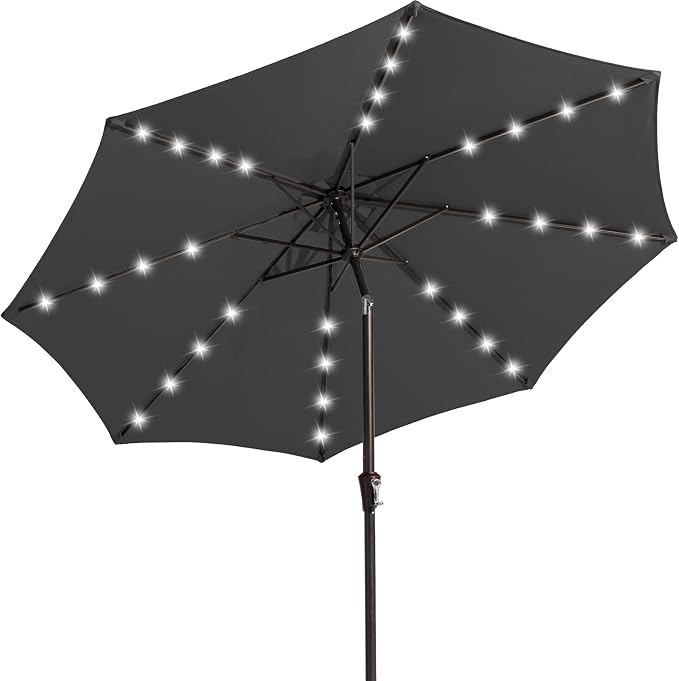 JEAREY 9FT Outdoor Patio Umbrella with Solar Lights, LED Lighted Pool Umbrella with Tilt and Crank, Outdoor Table Umbrellas for Deck, Yard & Market (Dark Gray)