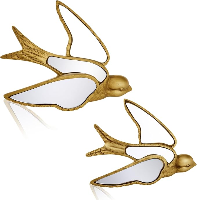 Sliner 2 Pcs Swallow Mirror Wall Decor, Gold Resin Aesthetic Bird Wall Art, Vintage Decorative Hanging Glass Mirrors for Victorian Home, Elegant Nature Inspired Summer Wedding Gift
