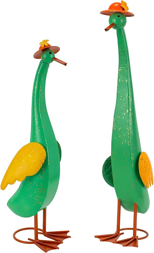 22" Duck Garden Statue Set of 2 Metal Ducks | Outdoor Yard Art Porch Animal Figurine Lawn Ornament Rustproof Yard Sculptures for Outside Patio Backyard Decorations