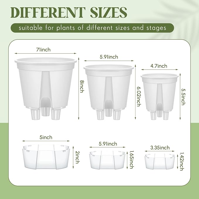 Wonderjune Self Watering Pots for Indoor Plants with Deep Reservoir and High Drainage Holes for Outdoor Plants and Flowers, Bare Root Planter(4.72'', 5.91'', 7.09'',White,9 Pcs)