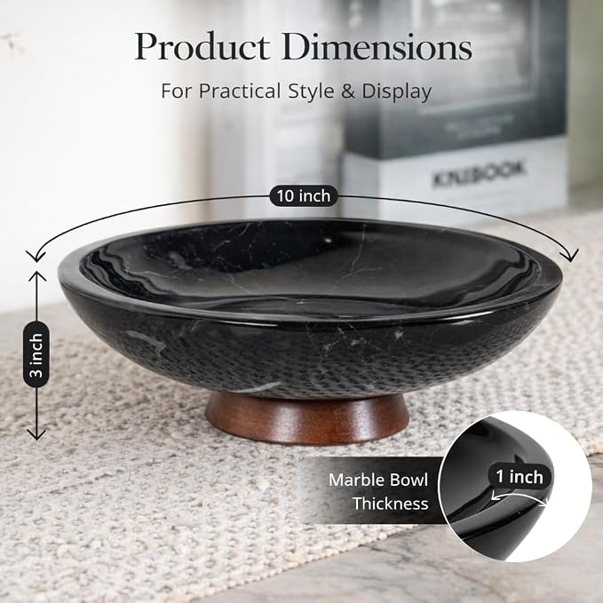 Decorative Marble Bowl Black - Handcrafted Natural Stone on Acacia Wood Pedestal - Versatile 10" Catch‑All Centrepiece for Home Decor - Entryway, Dining Table, Kitchen Fruit Bowl, Key Holder (Black)