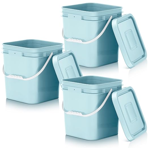 Mumufy 3 Pcs 3.5 Gallon Square Food Grade Bucket with Lid Square Bucket Pail Plastic Handles for Long Term Food Storage, Camping, Fishing, Home Organization Easy Stack and Store (Aqua)