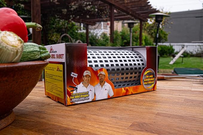 BBQ Dragon Rolling Grill Basket – Large Stainless Steel with Snap-Close Lid, Dishwasher Safe for Vegetables, Fish, and Meat