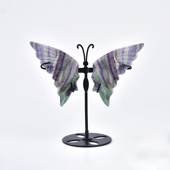 JIC Gem Rainbow Fluorite Crystal Butterfly Art Angel Wings Sculpture Carving,Green Healing Crystal Butterfly Ornaments Energy Decorative Stone Reiki Gifts (1pair, 10cm)