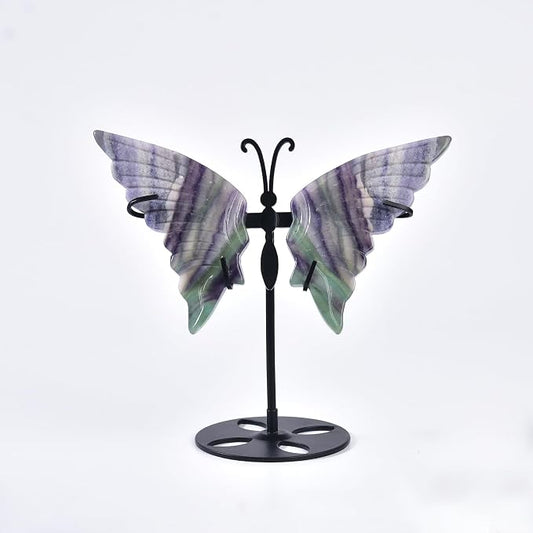 JIC Gem Rainbow Fluorite Crystal Butterfly Art Angel Wings Sculpture Carving,Green Healing Crystal Butterfly Ornaments Energy Decorative Stone Reiki Gifts (1pair, 10cm)