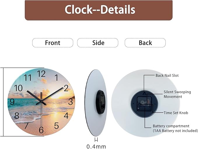Glass Coastal Wall Clocks Battery Operated 14 Inch | Analog Round Wall Clock for Living Room Office Decor Blue Beach Wall Clock Silent Non Ticking