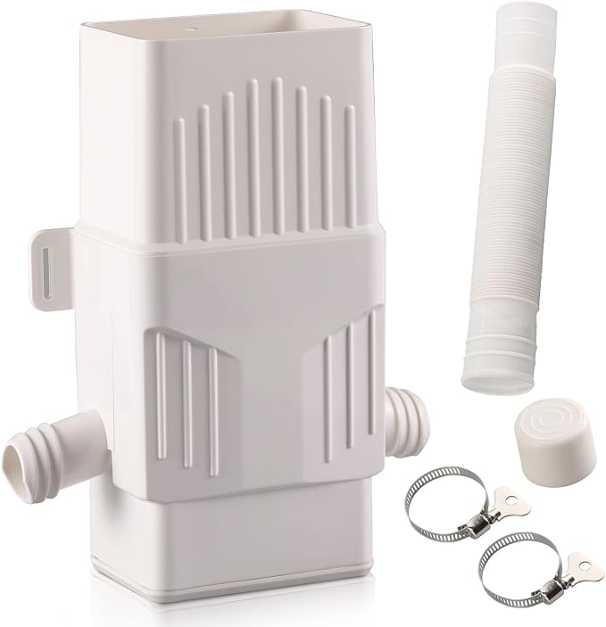 Rainwater Collection System, Rain Barrel Diverter Kit for 2x3”and 3x4” Downspouts, with Filtration and Hose, Rain Diverter, Downspout Diverter, White