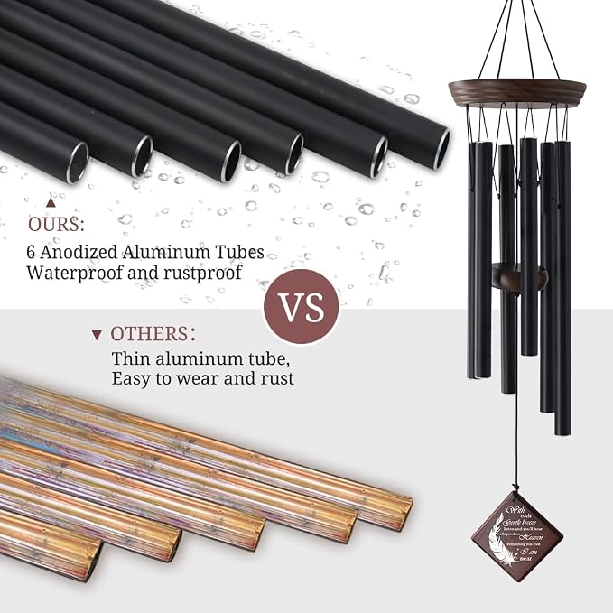 ASTARIN Memorial Wind Chimes for Outside, Sympathy Gift for Loss of Loved One, 28.3 Inch Black Aluminum Wind Chime with Pine Wood and Double-Sided Printed Wind Sail