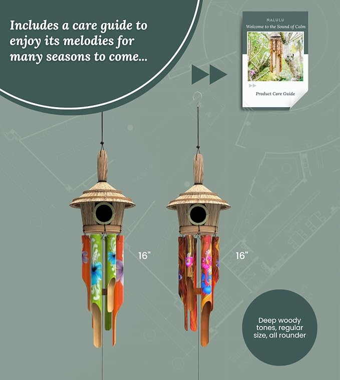 Nalulu House Bamboo Wind Chimes - Outside Outdoor Wooden Windchimes with Birdhouse, Handcrafted with Calming Deep Tones, Perfect Home Decor or Gift for Him and Her