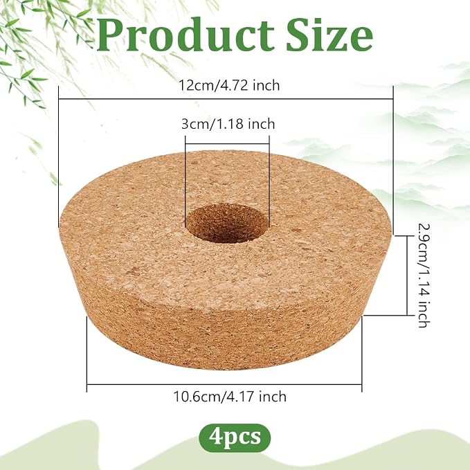 OLYCRAFT 4 Pack Cork Lids for Glass Planters 4.2~4.7 Inch Hydroponic Lids 1.2 Inch Thick Terrarium Cork Covers with 1.2 Inch Hole Natural Cork Stoppers for Hydroponic Plant Propagation Growing Vases