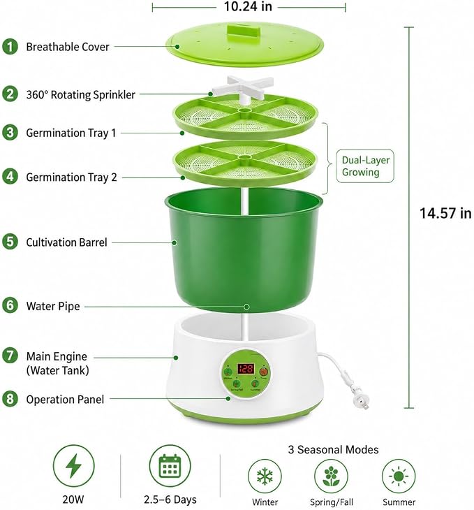 110V Bean Sprouts Machine, Intelligent Automatic Bean Sprouts Maker | 2 Layers Large Capacity Seed Grow Cereal Tool, 3 seasonal temp modes and 360° auto spray for Radish Wheatgrass Broccoli