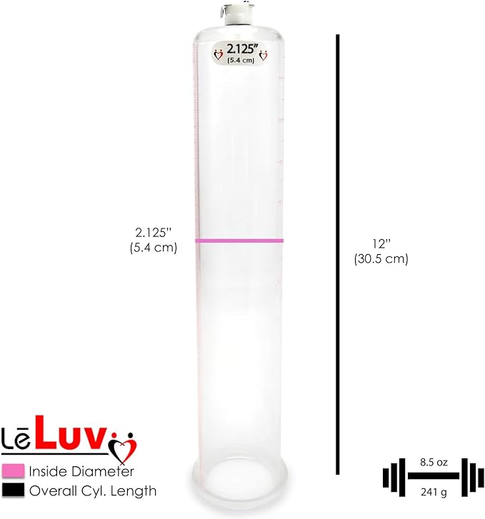 LeLuv Penis Pump Maxi Red Handle + Protected Gauge - Bundle with Clear Hose, Silicone Donut Seal - 12 inch Length x 2.125 Inch Diameter Cylinder