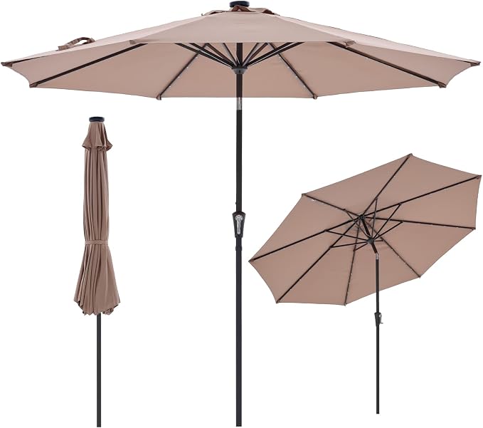 NEWBULIG 10ft Solar Patio Umbrella with 32 LED Lights, Table Market Umbrella with Tilt Adjustment & Crank Lift, Outdoor Sun Umbrella for Garden, Deck, Backyard, Pool and Beach
