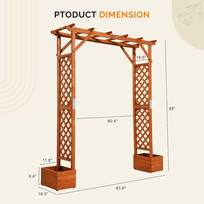 VINGLI Wooden Garden Arbor with Planter, Wedding Arch for Ceremony, Wood Garden Arbour Trellis for Plant Climbing, Pergola for Garden Backyard, Lawn, Outdoor (Golden Brown)