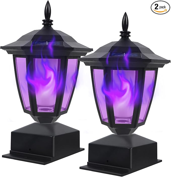 Dynaming Solar Flame Post Cap Lights Outdoor, Halloween Flickering Purple Flame Post Lights, Solar Powered LED Lantern Waterproof for Garden Deck Fence Patio, Fit 4x4, 5x5 or 6x6 Wooden Posts, 2 Pack