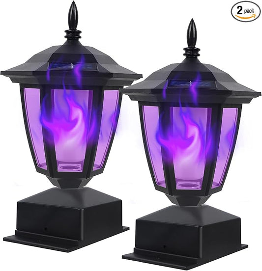 Dynaming Solar Flame Post Cap Lights Outdoor, Halloween Flickering Purple Flame Post Lights, Solar Powered LED Lantern Waterproof for Garden Deck Fence Patio, Fit 4x4, 5x5 or 6x6 Wooden Posts, 2 Pack