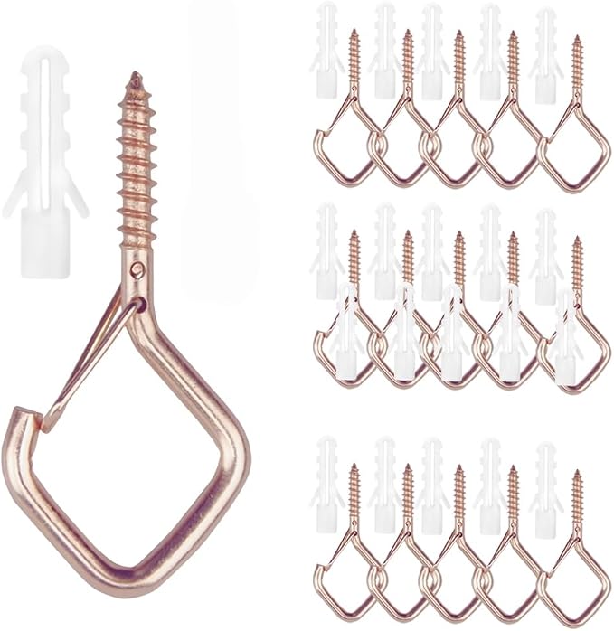 12-Pack Heavy-Duty Rose Gold Screw Eye Hooks with Safety Clips | Metal Ceiling Hooks for Hanging Plants, Wind Chimes, Bird Feeders & Indoor/Outdoor Lights