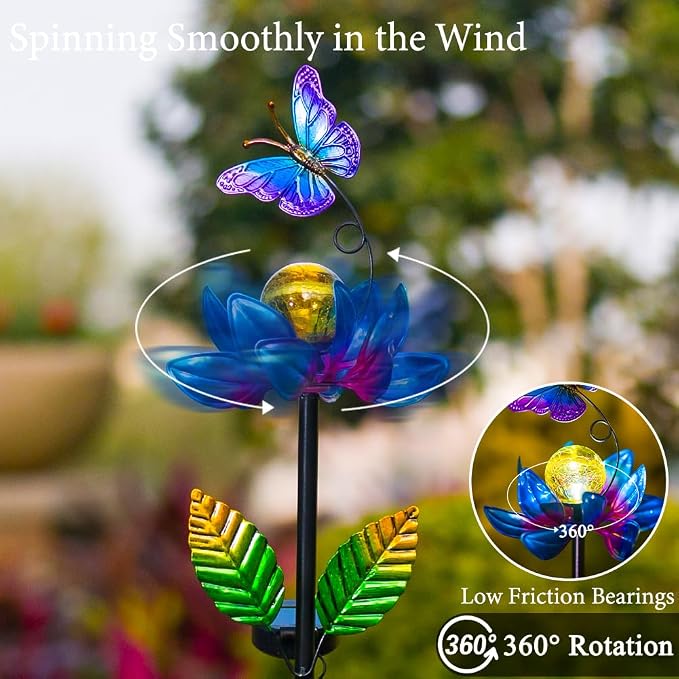 Solar Wind Spinners Outdoor, Butterfly Solar Wind Spinner with Cracked Ball Lights,Garden Spinners for Yard, Garden, Patio, Lawn Decor