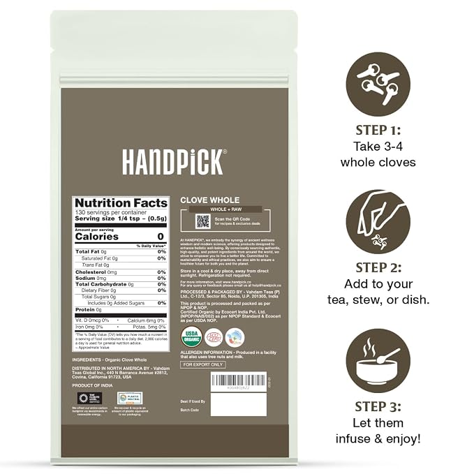 HANDPICK Organic Cloves Whole (2.3oz, 65g) Premium Cloves from South India | Packed in a Resealable Zip Lock Pouch | Perfect for Cooking, Smoothies, Pomander Balls & Tea (Packaging may vary)