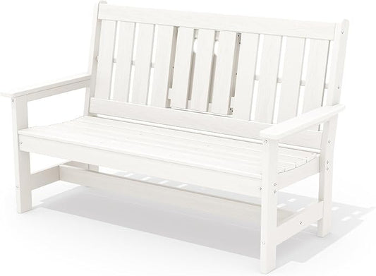 SERWALL HDPE Outdoor Bench with Cup Holder Oversized 58" Porch Bench, White | Suitable for 3 Person, Heavy-duty, High Backrest, Weatherproof Material Patio Benches for Garden, Park, Yard, Front Porch