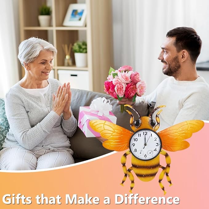 Unique Outdoor Clock Silent None-Ticking, Outdoor Wall Clock with Thermometer & Humidity, Waterproof Outside Clock for Patio, Living Room, Kitchen (Yellow Bee)