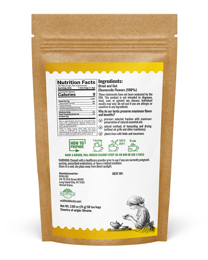50 Bags Chamomile Flowers Herbal Tea (Matricaria Chamomilla) - 50 Count 1.5g Bags Dried Chamomile Flower Herb Tea