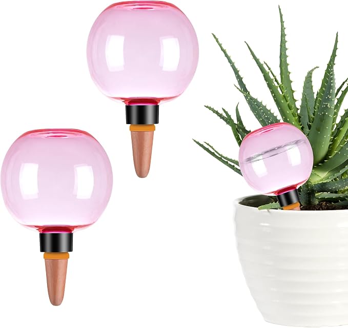 2 Pack Self Watering Globes 17oz Large Plant Watering Globes Top Fill, Self Water Planter Insert Indoor/Outdoor Plastic Water Bulbs Slow Release Terracotta for Plants, Pink
