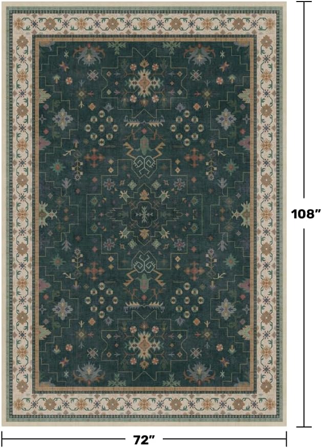 Vintage Dark Green 6x9 Dining Room Rugs for Under Kitchen Table - Washable Livinig Room Rug - Unique Floral Pastel Low Pile Non-Slip Large Area Rugs for Bedroom