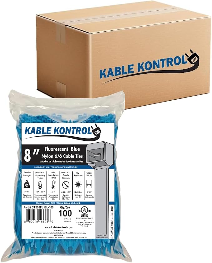Kable Kontrol Fluorescent Blue Zip Ties 8 Inch 10,000 Pcs, 50 Lbs Tensile Strength, Bulk Pack, Self-locking Nylon Colored Cable Ties Wire Wraps for Indoor or Outdoor Use