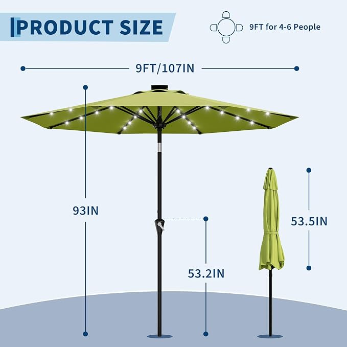 GarveeLife Patio Umbrella with Solar Lights, Outdoor Table Umbrella with 8 Durable Ribs, Tilt & Crank Mechanism, Water & UV Protection Sun Shade Umbrella for Garden, Poolside, Backyard (Green, 9 FT)