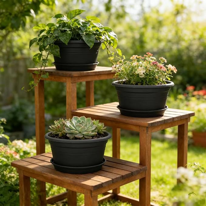 MRPAPA 4Pack Round Plastic Pots for Plants, Outdoor Planters with Drainage Hole & Tray Saucer, Decoration Large Flower Pots for Indoor Outdoor Garden Home Plants (4, Dark Gray, 13 Inch)